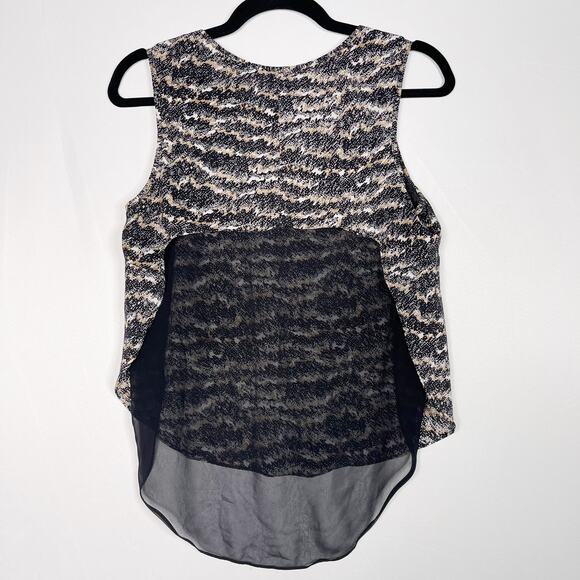 Rag & Bone Small S Printed High Low Sleeveless Blouse Tank Top Black Cream Sheer - Picture 2 of 8
